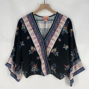 Flying‎ Tomato Black Floral Crepe Faux Wrap Kimono Blouse Boho Size M